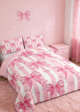 Pink Bowknot Comforter Set - Full Size Dreamy Princess Bedding for Girls' Bedrooms, Kawaii Geometric Bow-Tie Design, All-Season Comforter Set
