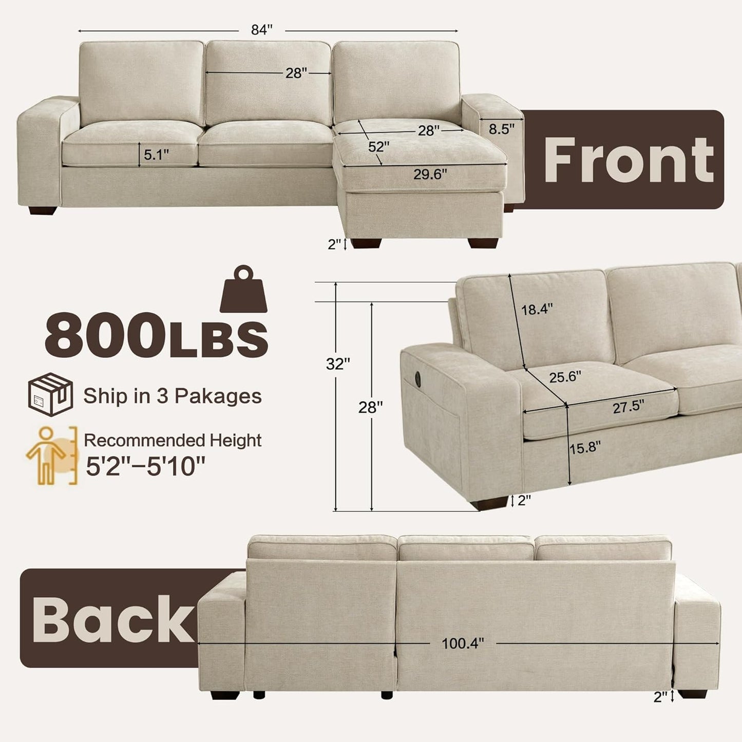 99" L-Shaped Sectional Couch with Storage, Sofa with Reversible Chaise, USB Type-C Charging, Chenille Fabric, Removable Cushion Covers, for Small Space, Apartment, Living Room, Beige