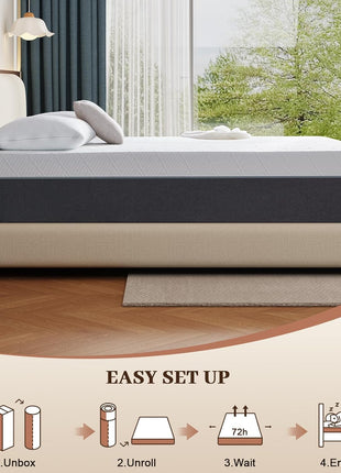 10-Inch Queen Gel Memory Foam Mattress - Medium Firm Support for Back Pain Relief, Motion Isolation, and Safe, Fiberglass-Free Materials, 80" L x 60" W