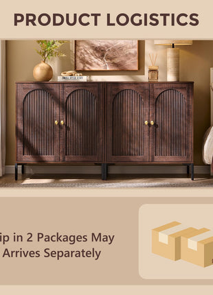 Modern Buffet Cabinet with Storage - 61.75" Fluted Arched Sideboard with Adjustable Shelves, Wooden Modular Coffee Bar for Dining Room, Kitchen, Living Room, and Entryway in Brown