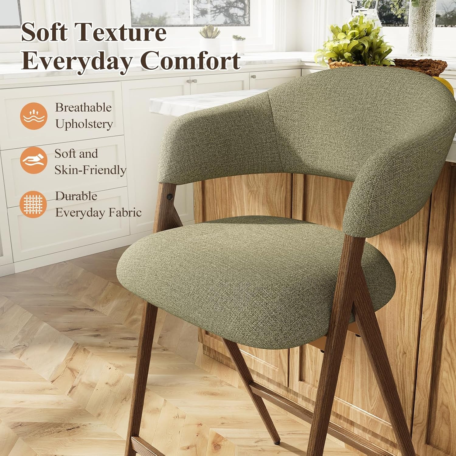 Bar Stools Set of 2, Counter Height Barstools with Back, Modern Upholstered Island Stools with Metal Legs for Kitchen Counter, Dining Room, Green