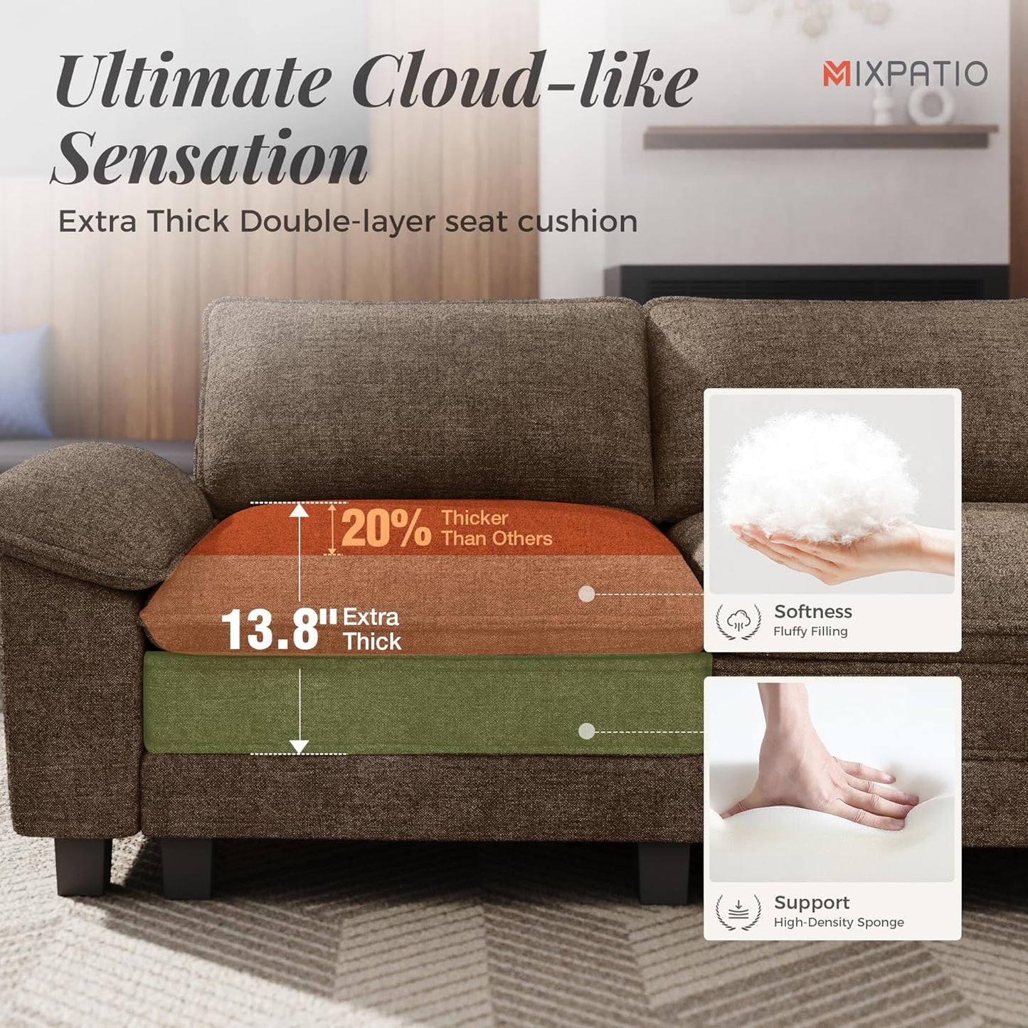 123-Inch L Shaped Sectional Sofa with Cloud Cushions, Deep Seat Modular Couch Set W/ 4 Seats & 1 Ottomans, Removable Arms, Plush Chenille Upholstery for Living Room, Apartment - Taupe