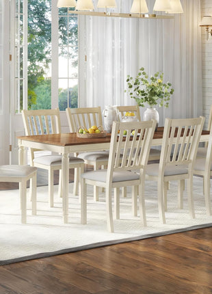 9-Piece Solid Wood Dining Set with 8 Upholstered Chairs, Rustic Cream Finish, 79-Inch Table with Roman Conical Legs, Accommodates Up to 8 for Kitchen and Dining Room