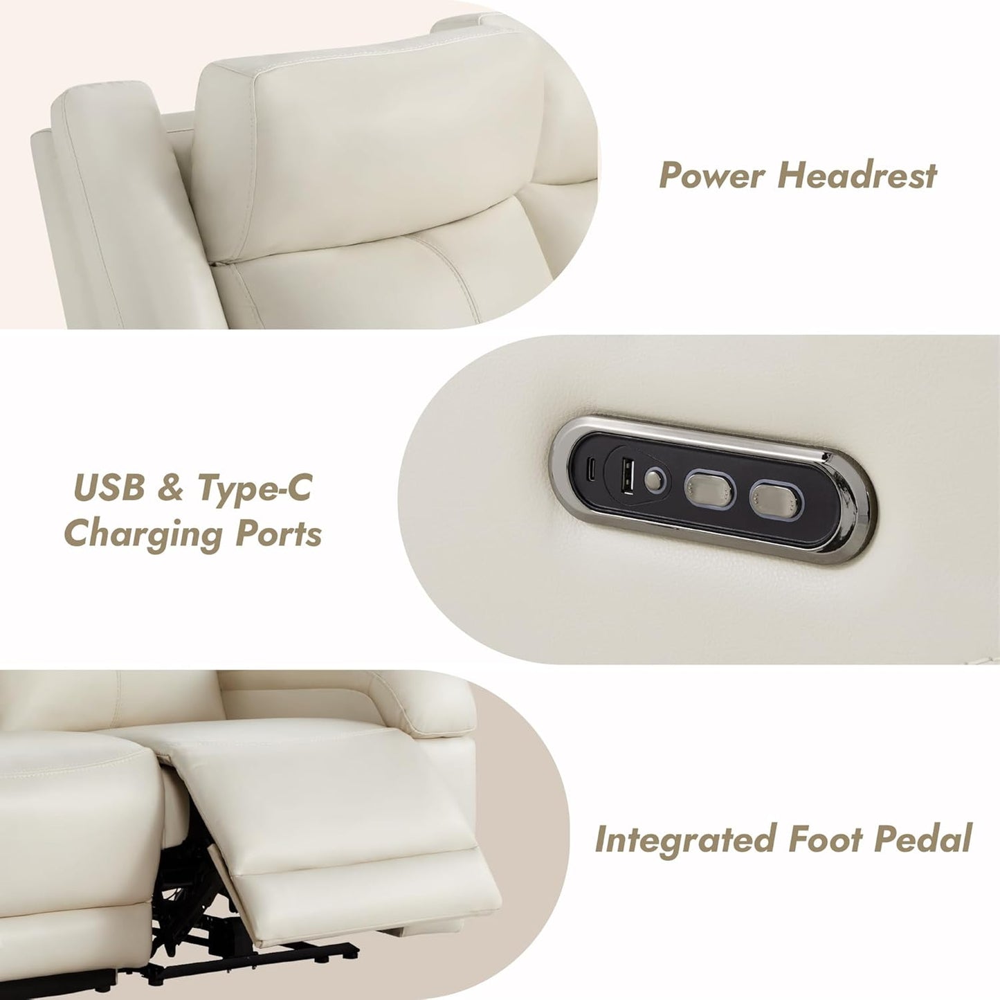 Genuine Leather Power Recliner Sofa, 3 Seater Wall Hugger Reclining Sofas with Power Headrest, USB & Typec Ports, Electric Recliner Couch Set for Living Room, Cream