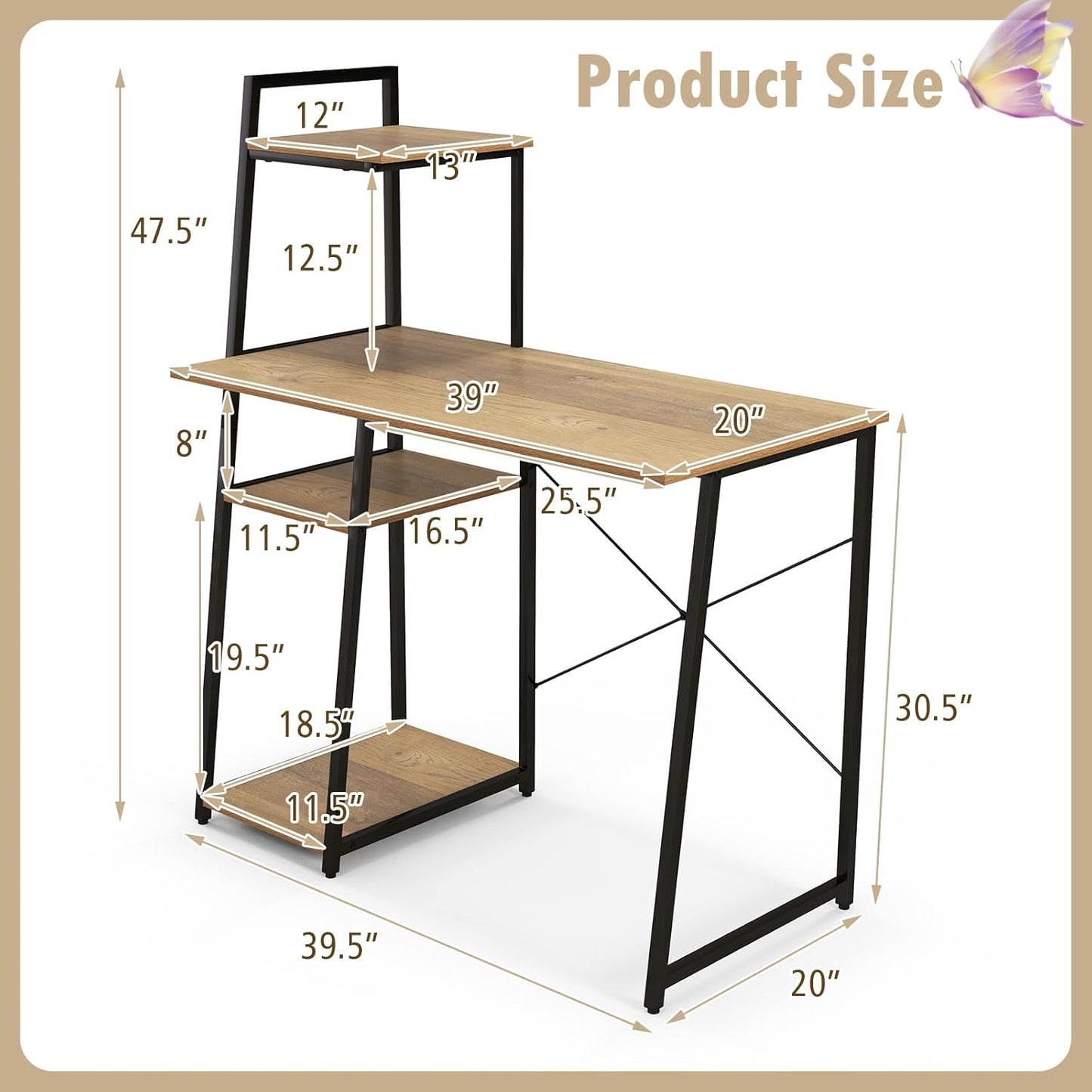 Computer Desk with 4-Tier Storage Shelves, Home Office Desk Writing Table with Sturdy X-Shape Frame, Adjustable Foot Pads, Modern Small Study Desk, Wide Tabletop (Natural and Black)