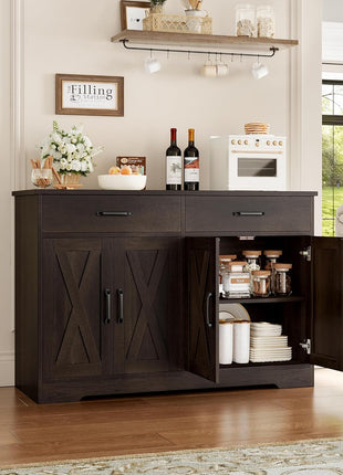47.2" Modern Farmhouse Buffet Cabinet with Storage, Drawers, and Barn Doors - Dark Brown Kitchen Sideboard and Coffee Bar Station for Living Room