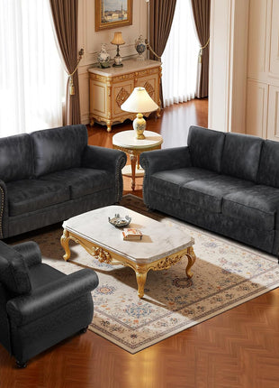Mid-Century Vintage Living Room Furniture Set, Including Sofa, Loveseat, and 3-Seater Couch with Rivet Design in Grey