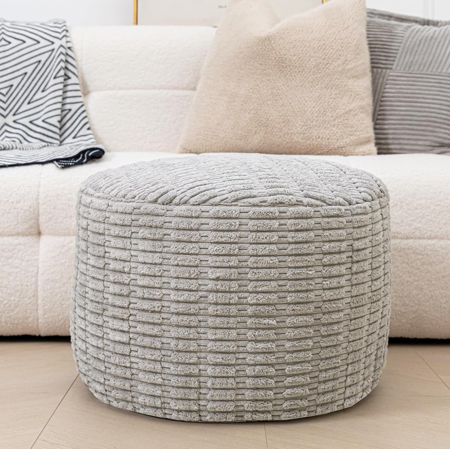 round Ottoman Pouf Ottoman Foot Stool Seat Faux Fur Bean Bag Foot Rest Floor Chair Leg Rest for Living Room, Bedroom or Wedding Gifts 20X20X14 Inches (Light Gray)