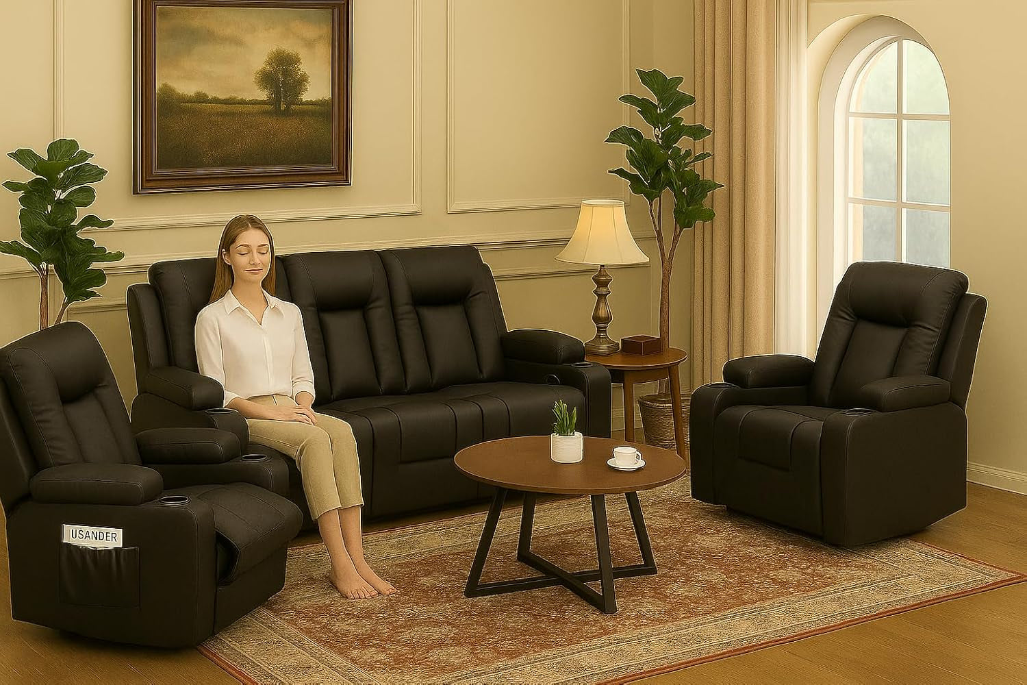 Leather Recliner Sofa Set with Manual Recliners,Living Room Furniture Set with Reclining Couch,Loveseat and Armchair,Living Room Chair with Cup Holders,Black (3+1+1)