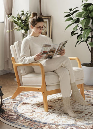 Set of 2 Mid-Century Accent Chairs with Solid Wood Frame, Lumbar Pillow, and Soft Cushion for Living Room, Bedroom, or Waiting Area - Beige
