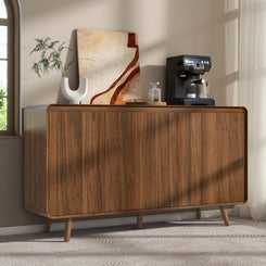 Mid Century Modern Buffet Cabinet with Storage, 55 Inch Sideboard Credenza with Doors & Shelves Console Coffee Bar Table for Living Room, Kitchen, Dining Room and Hallway, Walnut