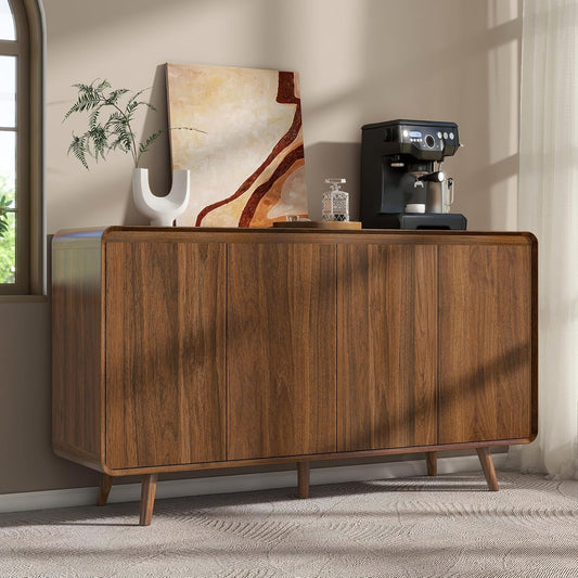 Mid Century Modern Buffet Cabinet with Storage, 55 Inch Sideboard Credenza with Doors & Shelves Console Coffee Bar Table for Living Room, Kitchen, Dining Room and Hallway, Walnut