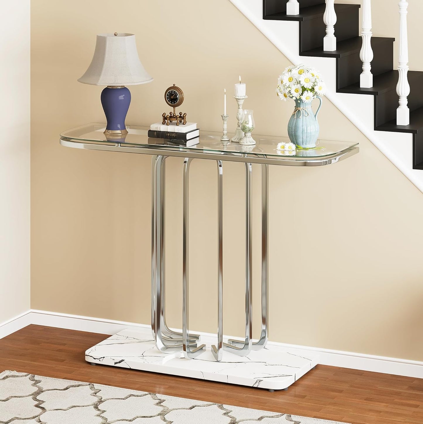 43" Modern Glass Console Table with Curved Chrome Frame & Faux Marble Base, Silver Narrow Sofa Table for Entryway, Living Room, Hallway, Home Office