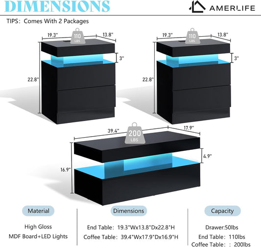 3-Piece High Gloss Living Room Table Set, Includes Modern LED Coffee Table with 2-Tier Design and 2 Matching Nightstands with Charging Station, Black