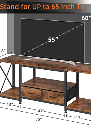 55.1" Rustic Brown TV Stand with Fabric Drawer - Industrial Style Entertainment Center and Console Table with Open Storage Shelves for Living Room and Bedroom