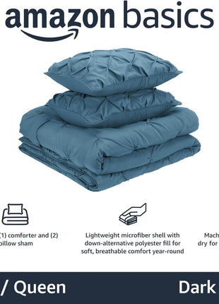 All-Season Down-Alternative 3-Piece Comforter Set with Microfiber Pillow Shams, Pinch Pleat Design, Full/Queen, Dark Teal