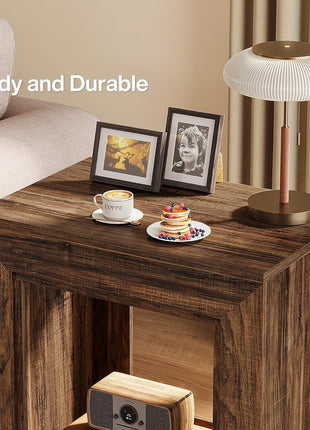 Rustic Wood End Table with Storage Shelf - 2-Tier Square Side Table for Living Room and Entryway (Rustic Brown)