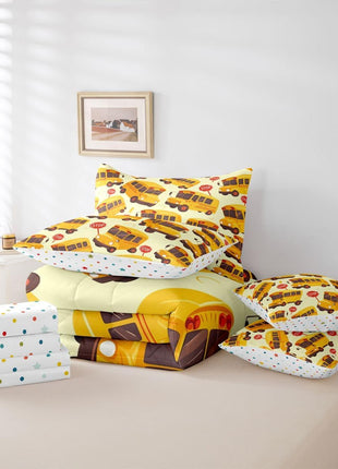 School Bus Twin 7-Piece Bedding Set for Children, Cartoon Vehicle Bed in a Bag for Boys and Girls, School-Themed Comforter Set with Sheets, Yellow Transportation Bed Set