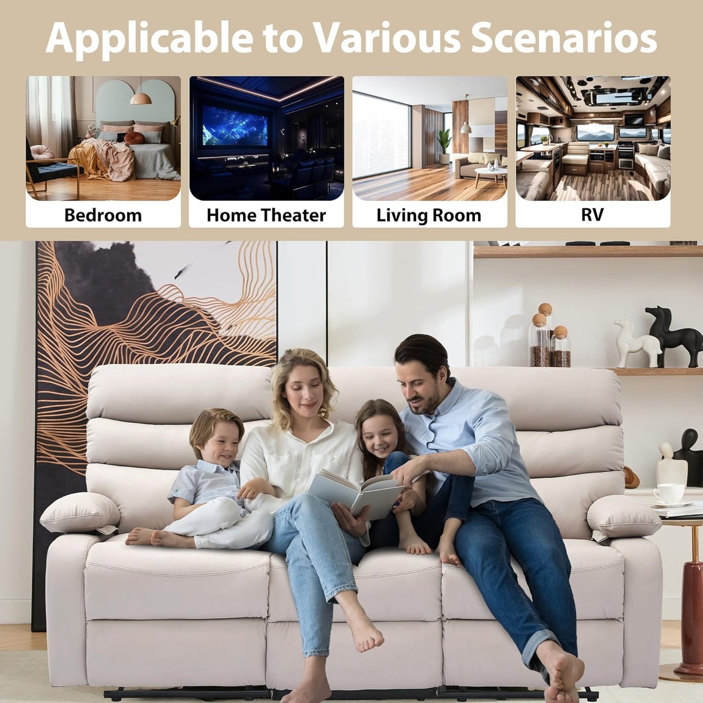 Manual 3 Seat Reclining Sofa Leather 3-Seater Manual Reclining Couch with Overstuffed Arms 3 Seater Couch Recliner Hidden Storage for for Living Room RV Home Theater Apartment Beige