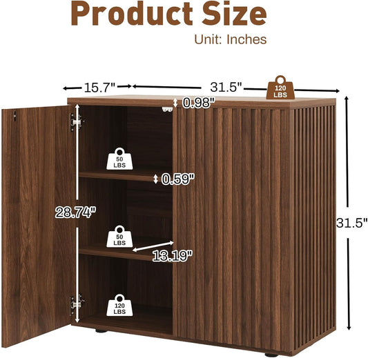 Fluted Sideboard Cabinet, Buffet Cabinet with Storage, Credenza Storage Cabinets with Adjustable Shelf, Wood Entryway Cabinets with Pop-Up Doors for Living Room, Entryway, Hallway, Walnut