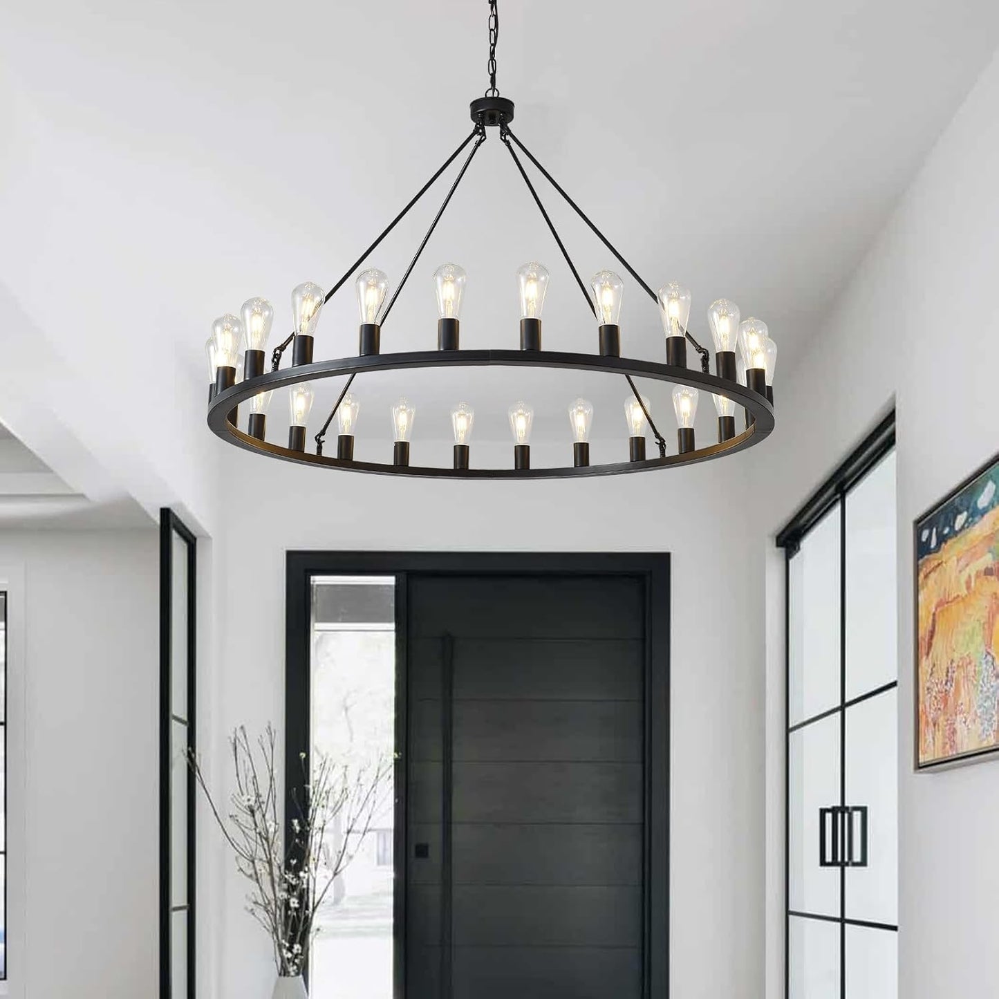 48-Inch Wagon Wheel Chandelier 24-Light, Extra Large Black Chandeliers, round Rustic Farmhouse Outdoor Chandelier for High Ceilings, Dining Room, Living Room, Foyer, E26