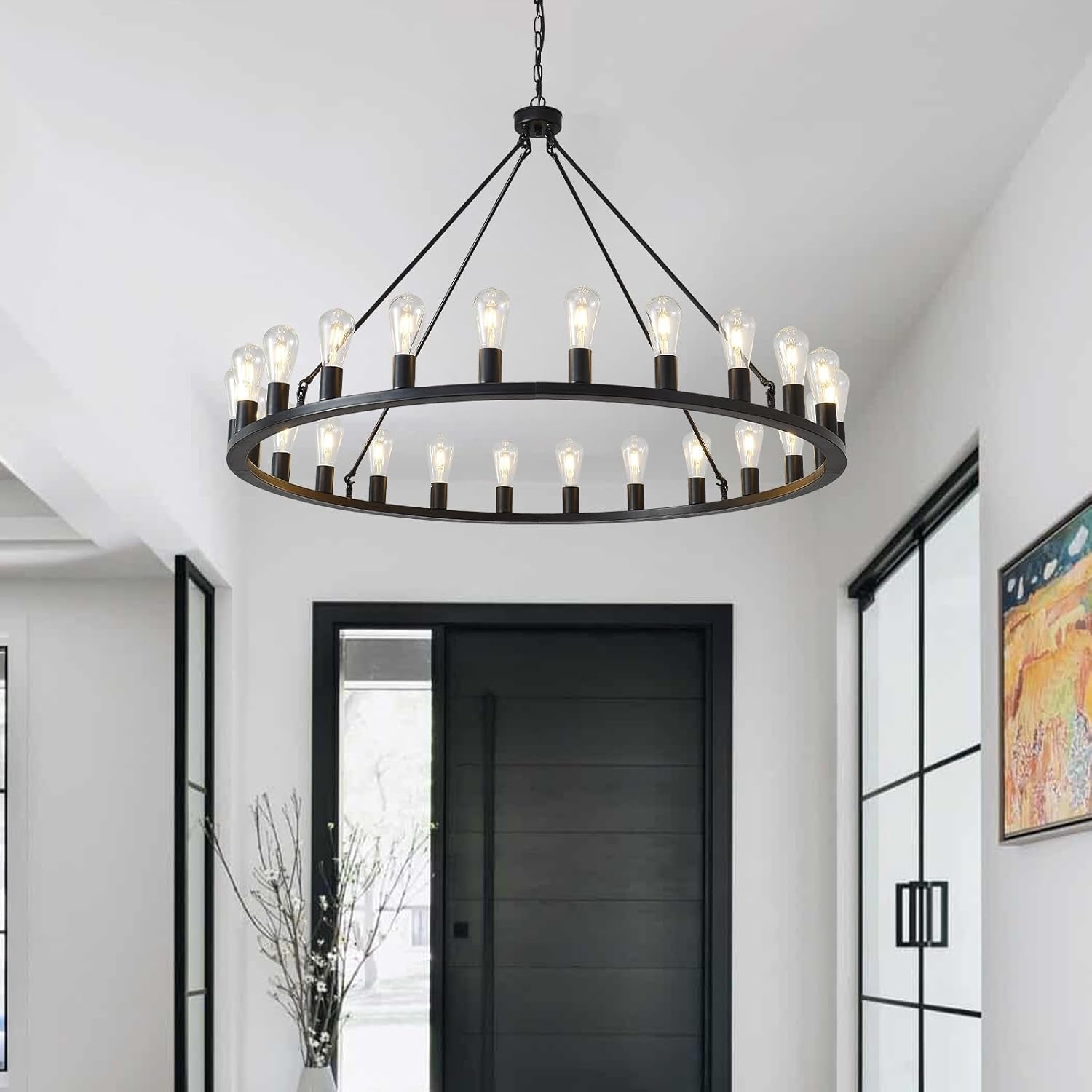 48-Inch Wagon Wheel Chandelier 24-Light, Extra Large Black Chandeliers, round Rustic Farmhouse Outdoor Chandelier for High Ceilings, Dining Room, Living Room, Foyer, E26