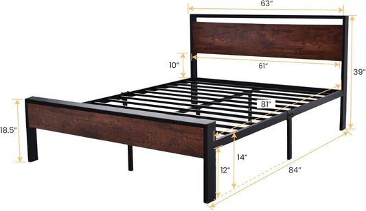 14 Inch Queen Size Metal Platform Bed Frame with Wooden Headboard and Footboard, Mattress Foundation, No Box Spring Needed, Large under Bed Storage, Non-Slip without Noise, Mahogany