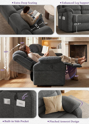 Power Reclining Sofa, 3-Seater Electric Couch with Dual Motors and Remote Control, Chenille Fabric with Side Pockets, 76.5" Wide (Grey) for Living Room and Game Room