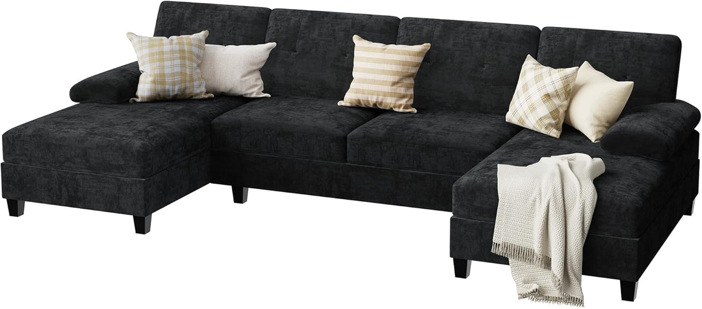 Sectional Couches for Living Room, Convertible U-Shaped Sofa Couch with Double Chaise, 4 Seat Sofa Set Modular Sofa Couch for Apartment, Black