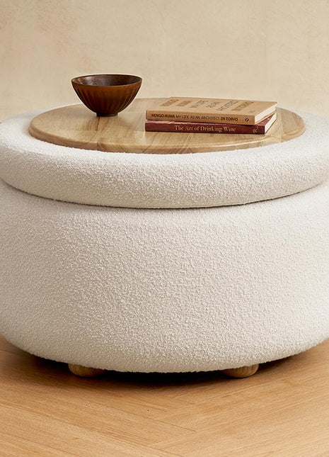 Luna Round Storage Ottoman with Tray - Upholstered Coffee Table and Footstool for Living Room and Bedroom with Solid Rubberwood Legs in Pearl White Performance Boucle