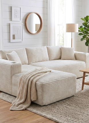 Elevate Your Living Space with Our Luxurious Boneless Modular Sectional Sofa - Memory Foam Comfort, Spacious L-Shaped Chaise, and Built-in Cup Holders in Elegant White Corduroy, No Assembly Required.