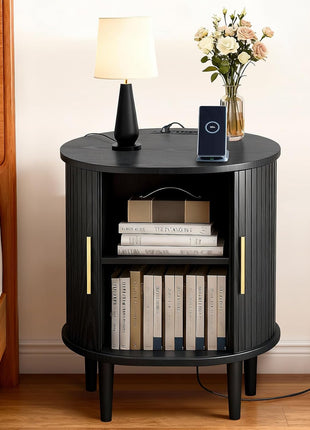 Mid-Century Modern Nightstand Set of 2 with Integrated Charging Station, Fluted Accent Side Table with Sliding Door and Adjustable Shelf, Perfect for Compact Living Room or Bedroom Spaces, Black