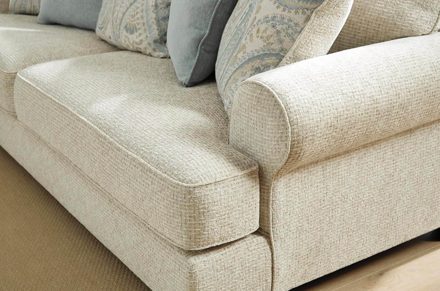 Monaghan Vintage Loveseat with Accent Pillows, Reversible Cushions and Rolled Arms, Beige