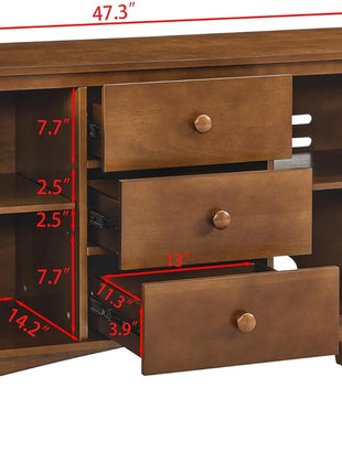 47.3" Mid-Century Modern Sideboard Buffet Cabinet with Solid Wood Frame and Legs, Featuring 2 Doors and 3 Drawers for Kitchen and Entryway in Walnut Finish