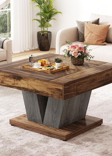 Contemporary Square Coffee Table with Wooden Center, 31.5" Rustic Brown and Black Accent Table for Living Room