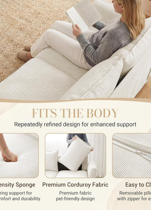 Three-Seater Corduroy Sofa, 89" Modern Couch with Deep Seat for Living Room, Office, Bedroom, and Apartment (Pillows Not Included) | Breathable, Pet-Friendly Material with Strong Support