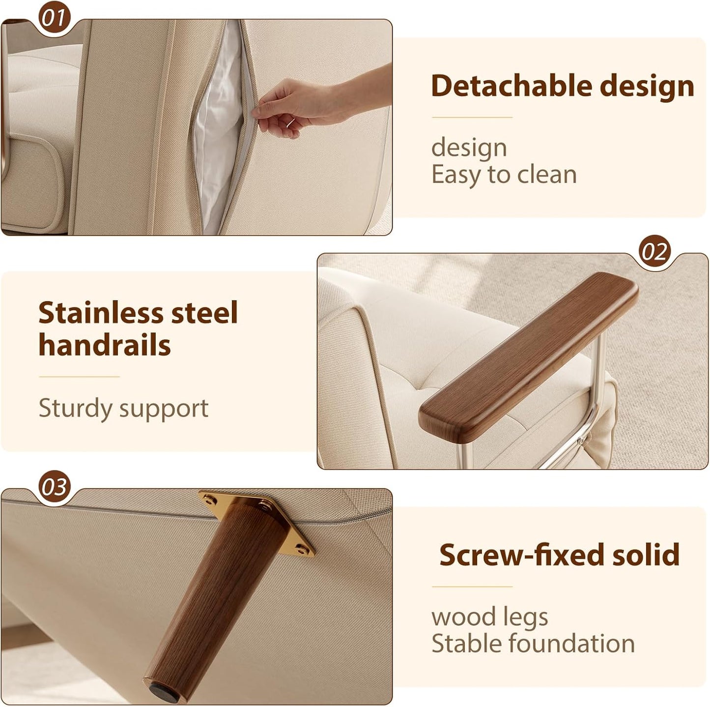 SUIYIMU Folding Chair Bed, 3-In-1 Convertible Sleeper Chair Bed, Futon Chair with 6-Level Adjustable Backrest for Guest Room Apartment Dorm, Cream Beige-Walnut