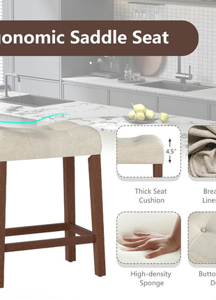 Set of 2 Upholstered 24" Counter Height Saddle Bar Stools with Footrest and Wooden Legs, Farmhouse Button-Tufted Backless Design for Kitchen Island, Dining Room, and Café in Beige and Brown