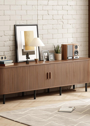 86.6" Contemporary TV Stand with Power Outlet for TVs up to 90 Inches, Entertainment Center with Storage and Adjustable Shelves, Walnut Finish and Sliding Doors for Living Room