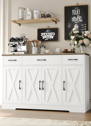 55" Buffet Cabinet with Drawers and Shelves, Modern Farmhouse Sideboard Storage for Kitchen and Dining Room, White/Rustic Finish