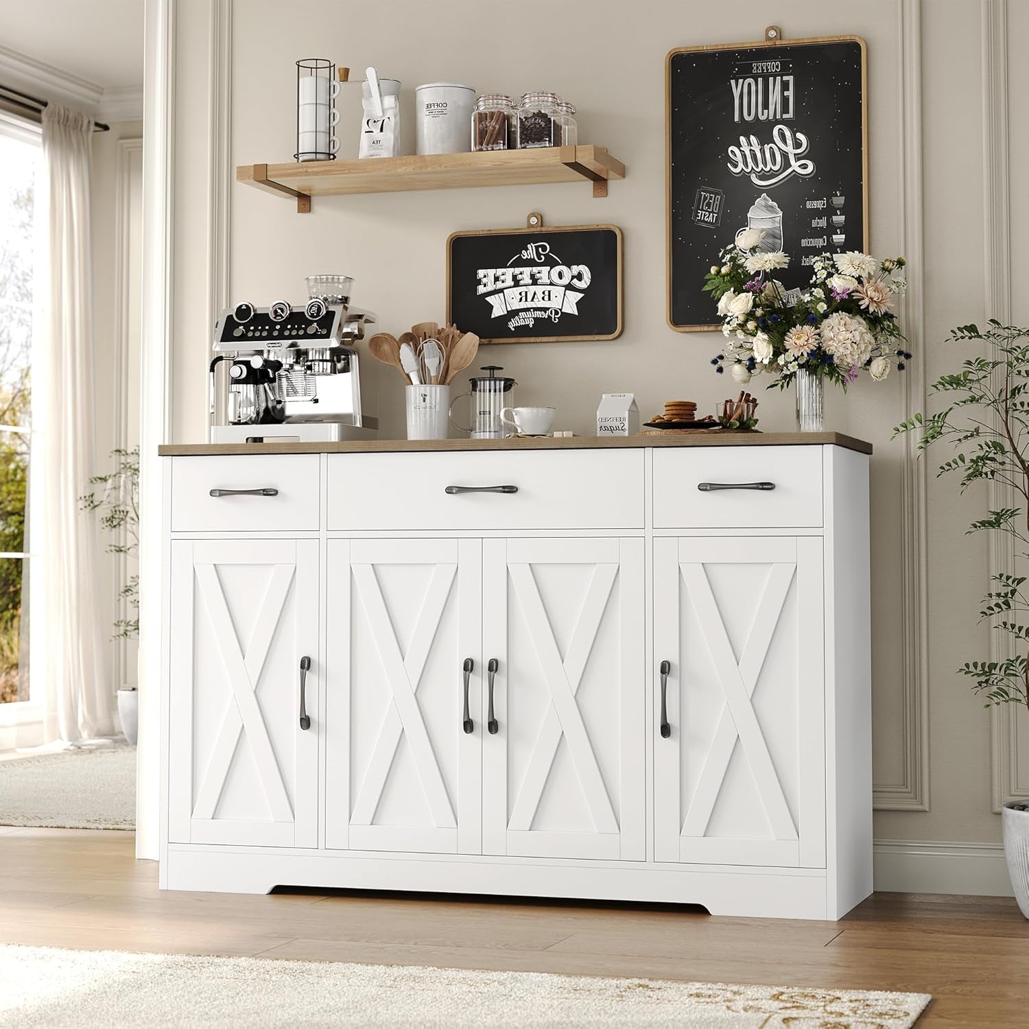 Buffet Cabinet with Drawers, 55" Large Sideboard Buffet Storage Cabinet with Shelves and Doors, Modern Farmhouse Coffee Bar Station Wood Kitchen Table for Kitchen, Dining Room, White/Rustic