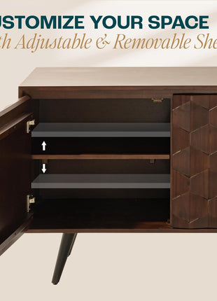 Georgina Solid Wood Sideboard with 2 Doors and 3 Drawers, 61'' Mid-Century Modern Cabinet Featuring Geometric Pattern for Kitchen, Dining, and Living Room