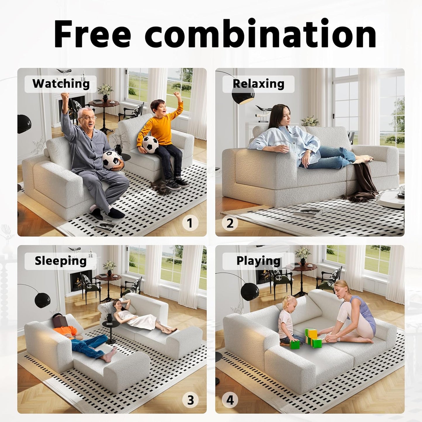 Cloud Modular Sectional Sofa, DIY Combination Modular Couch for Living Room, Unique Knitted Fabric Love Seat Couches with 2 Pillows, 2 Seater Comfy Sectional Couch with No Assembly (Beige)