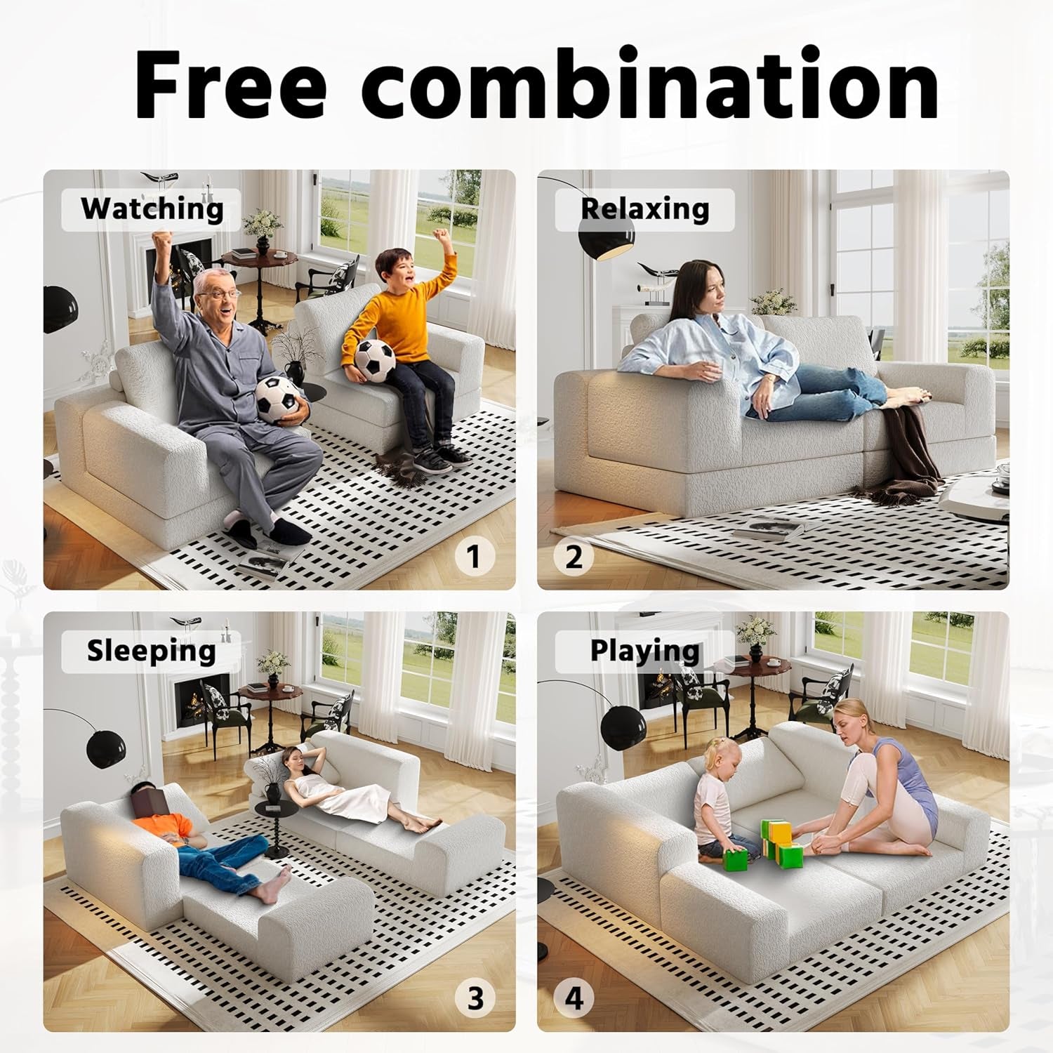 Cloud Modular Sectional Sofa, DIY Combination Modular Couch for Living Room, Unique Knitted Fabric Love Seat Couches with 2 Pillows, 2 Seater Comfy Sectional Couch with No Assembly (Beige)