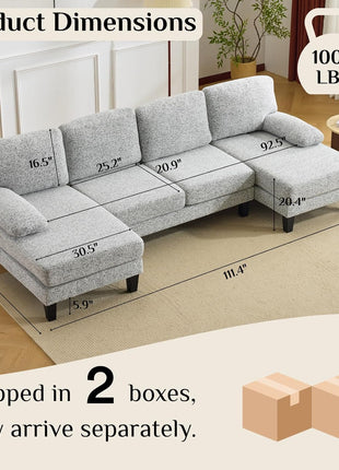 Elevate Your Living Room Aesthetics with Our Elegant 110" U-Shape Sectional Couch Featuring Luxurious Chenille Upholstery and Contemporary Design Elements