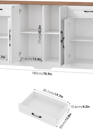 71” Large Farmhouse Sideboard Buffet Cabinet with Adjustable Shelves and 6 Barn Doors, Wood Console Table for Kitchen and Dining Room, White Finish