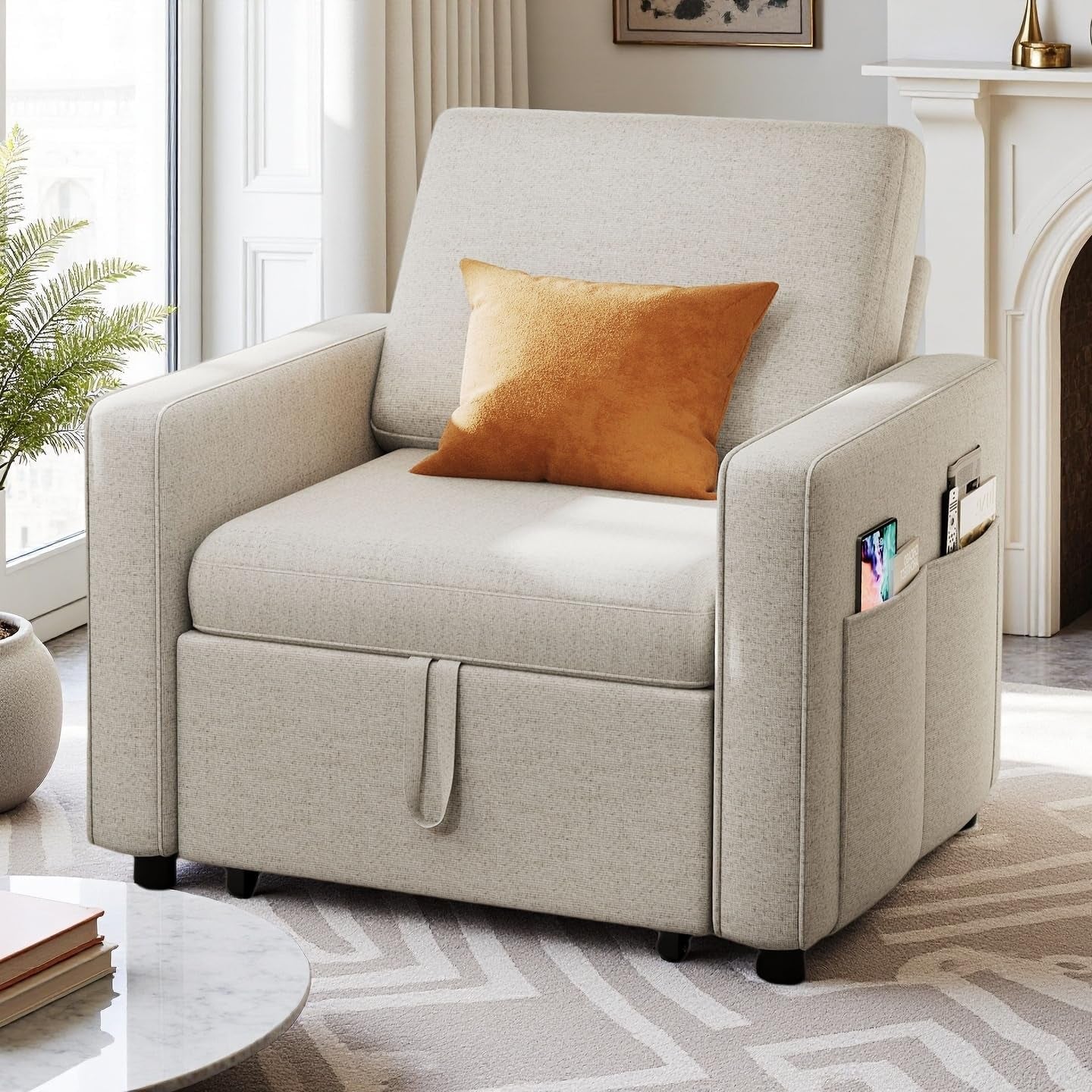 Convertible Sleeper Chair, 3-In-1 Sofa Bed with Pull-Out Bed, 75" Single Sleeper Couch with Reclining Backrest and Wide Armrest, Linen Futon Couch for Dorm Apartment, Beige