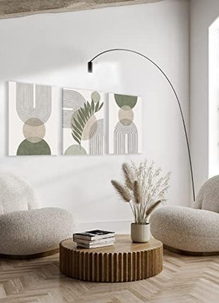 Sage Green Bohemian Wall Art Set of 3 - Minimalist Framed Geometric Line Art with Leaf, Sun, and Moon Designs on Beige and Green Canvas, Abstract Botanical Decor for Home and Office, 12" x 16