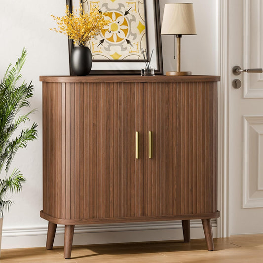 Walnut Buffet Cabinet, Sideboard Buffet Storage Cabinet with Rolling & Sliding Doors, Modern Bar Cabinet for Kitchen & Dining Room