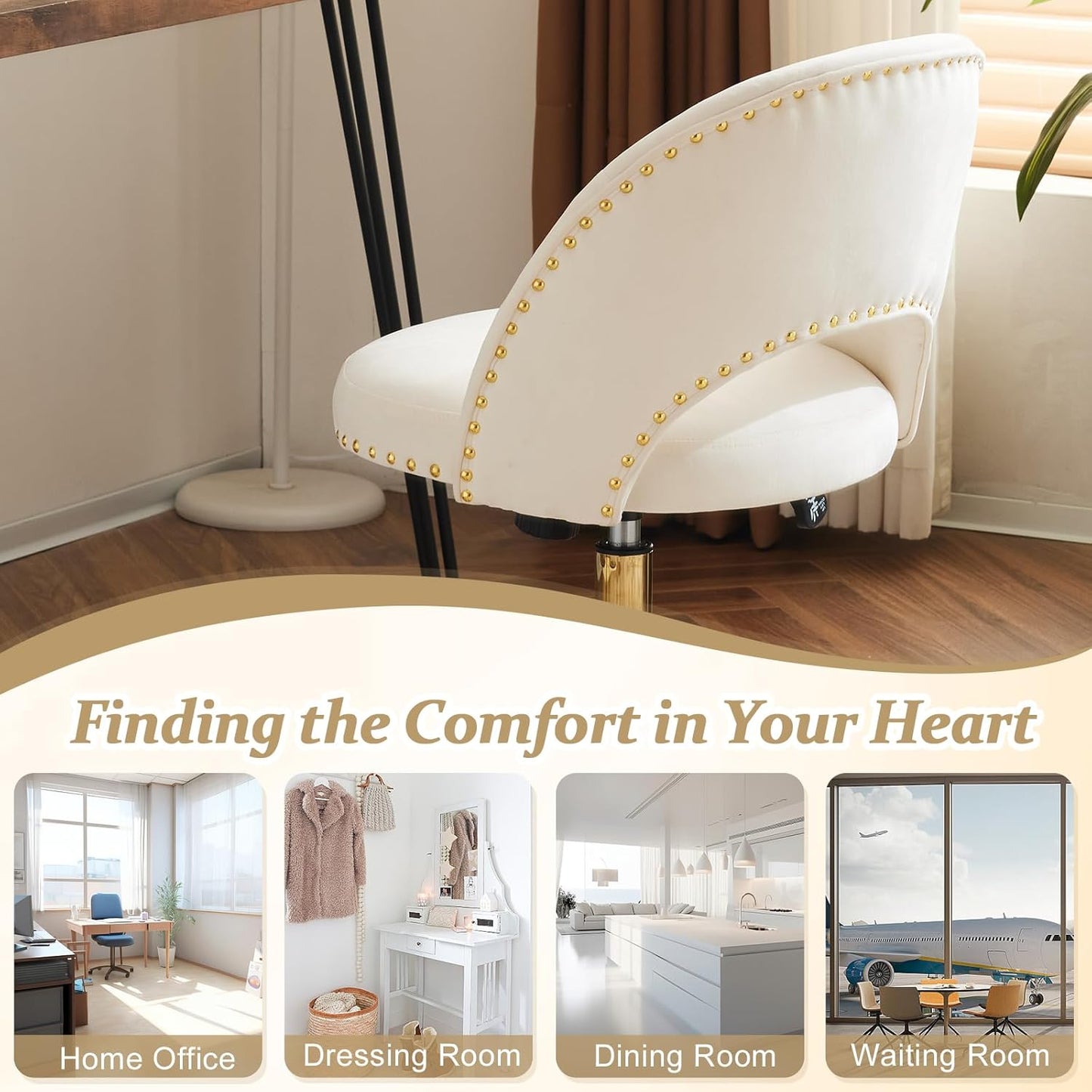 Modern Velvet Small Office Chair,Cute Desk Chair with Wheels,Gold Base/Studs, Comfy Armless Swivel Vanity Task Chair for Women/Girl/Kids, Nail Tech Chair for Bedroom,Small Space,White